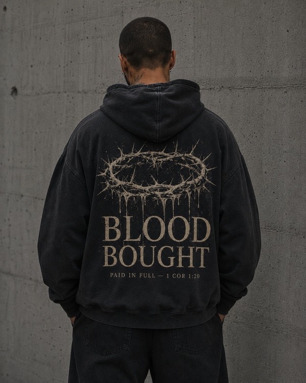 Blood Bought Hoodie — heavyweight brushed-fleece hoodie, Drop 001