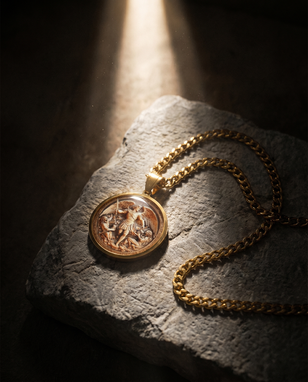 Michael — gold medallion, St Michael slaying dragon