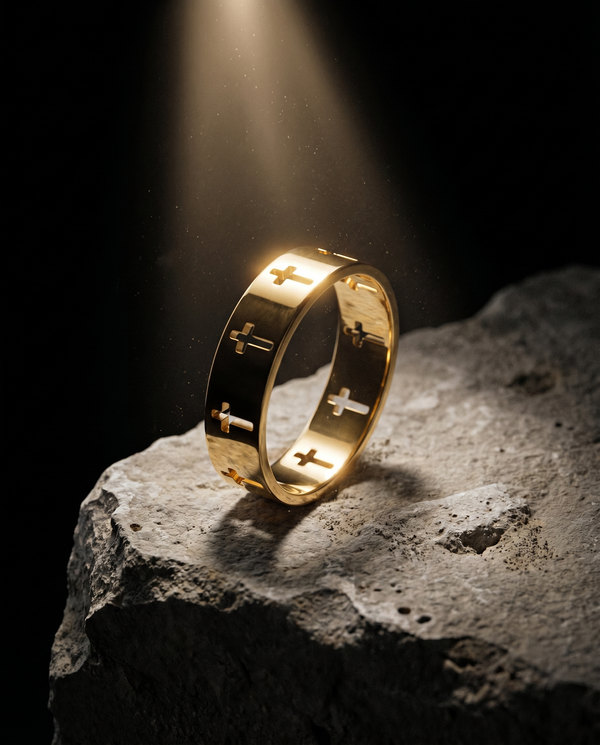 Devotion — gold pierced band of cut-out crosses
