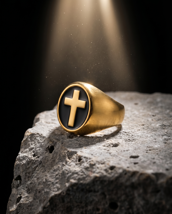 Onyx — gold cross on BLACK ONYX oval signet