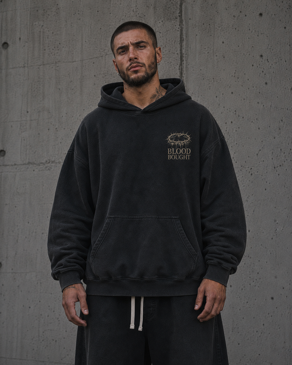 Blood Bought Hoodie — heavyweight brushed-fleece hoodie, Drop 001