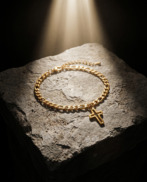 Anchor — gold chain, single outline cross charm