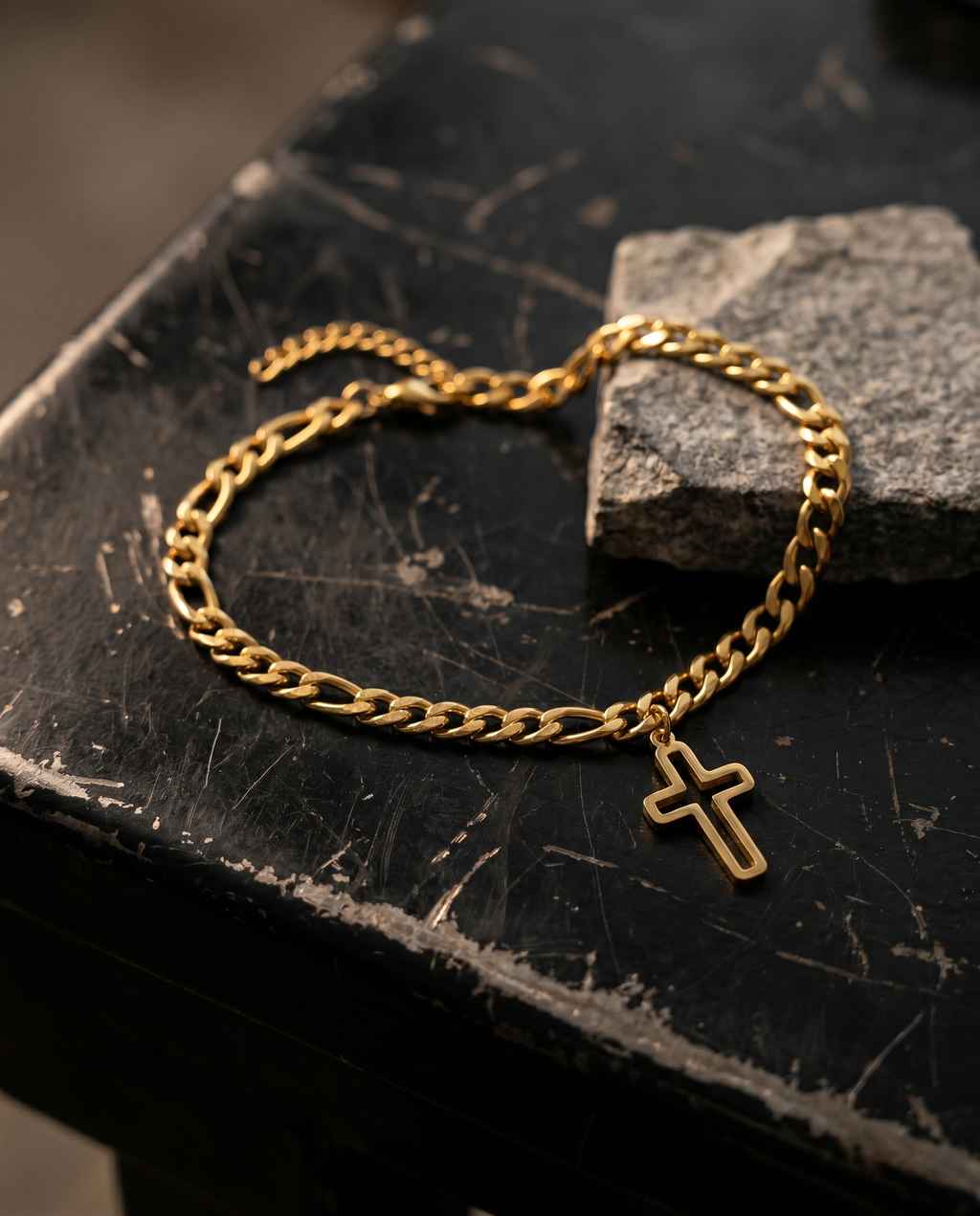 Anchor — gold chain, single outline cross charm