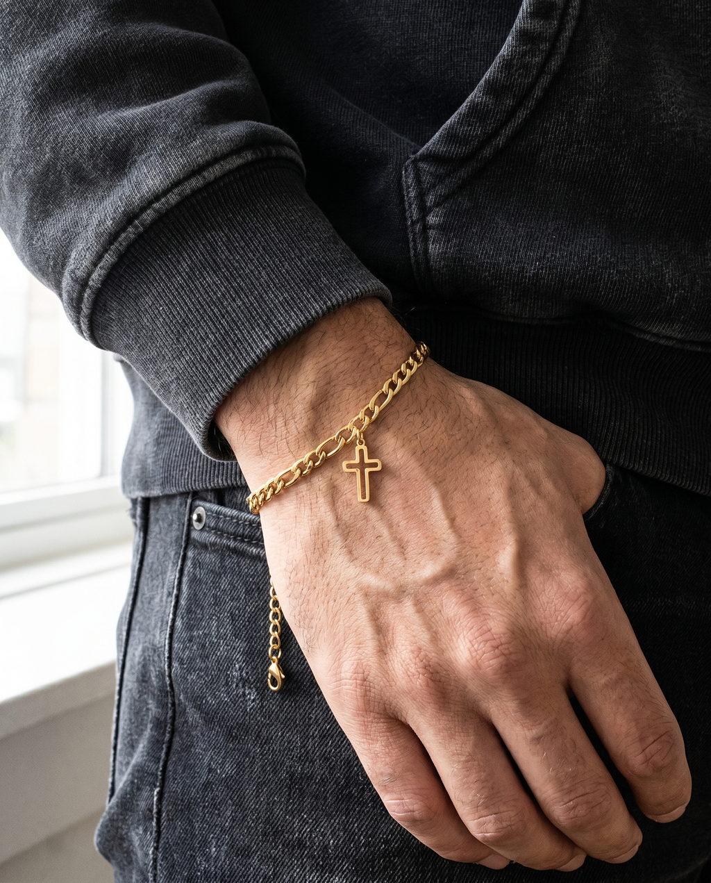 Anchor — gold chain, single outline cross charm