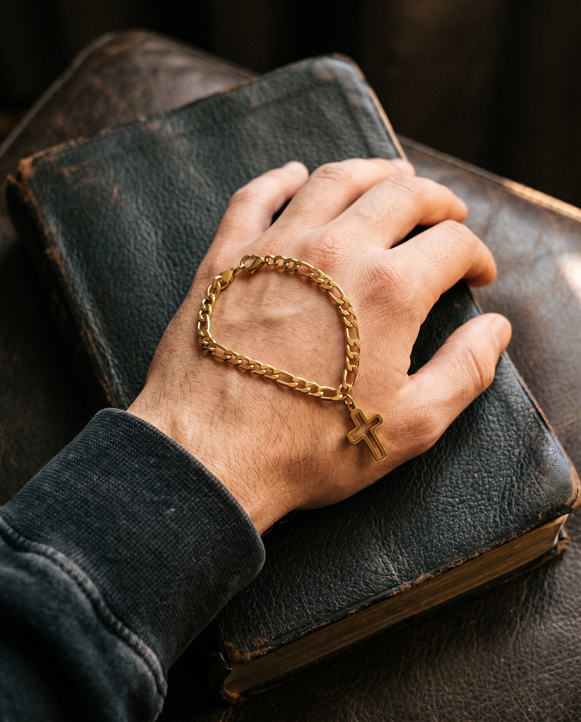 Anchor — gold chain, single outline cross charm