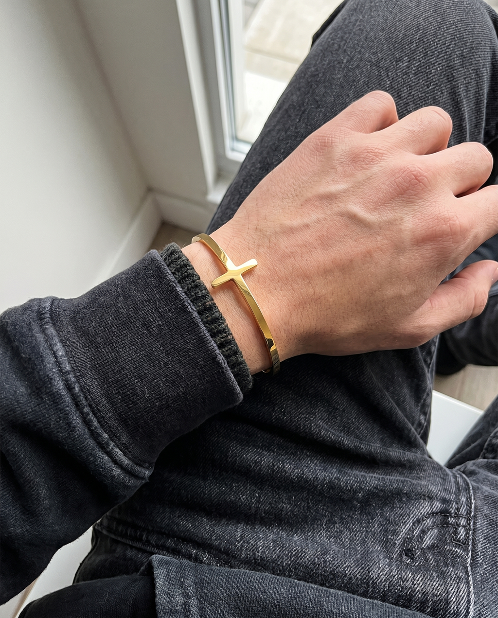Marked — silver cuff, single small cross