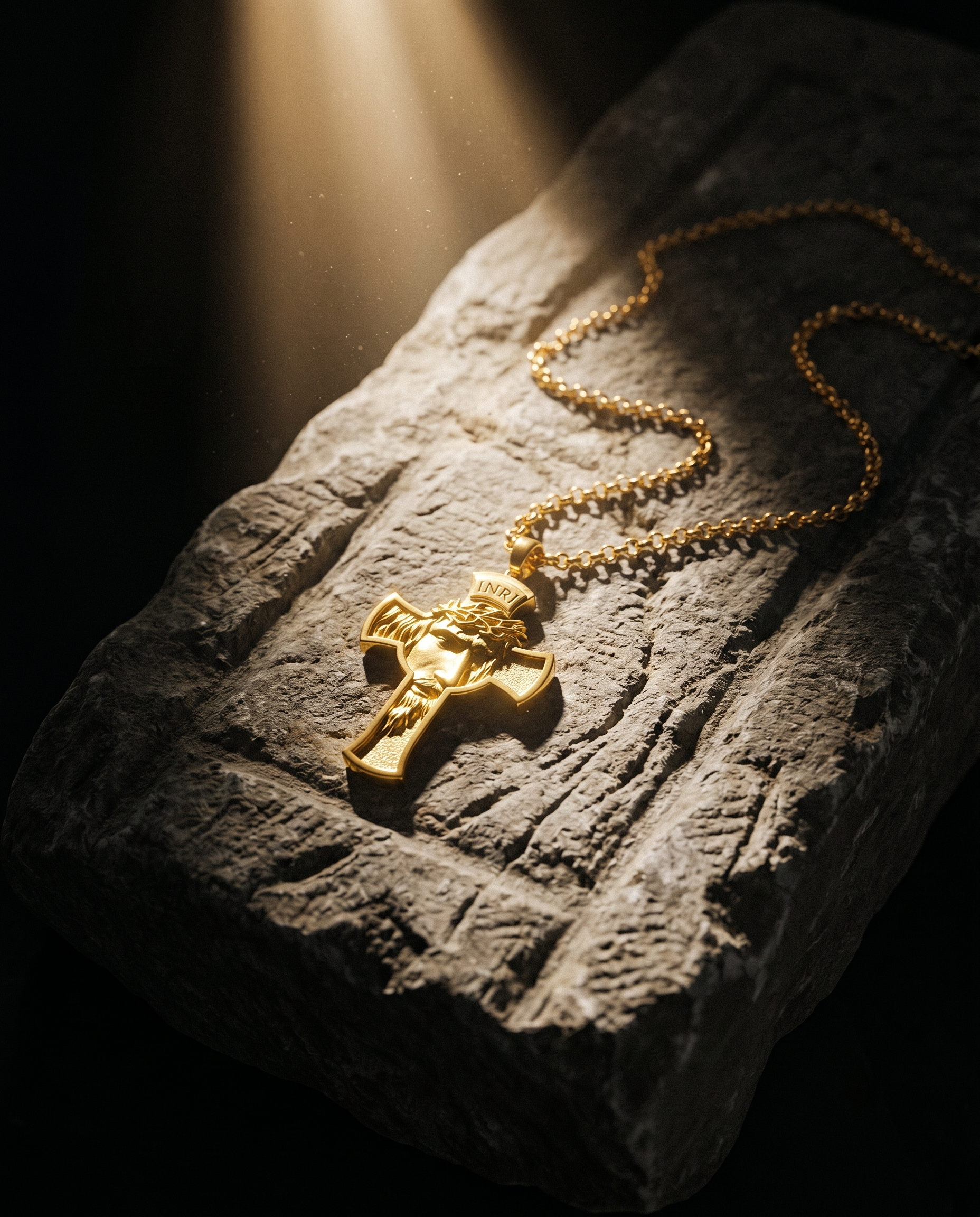 Ecce Homo — gold cross w/ thorn-crowned Christ face