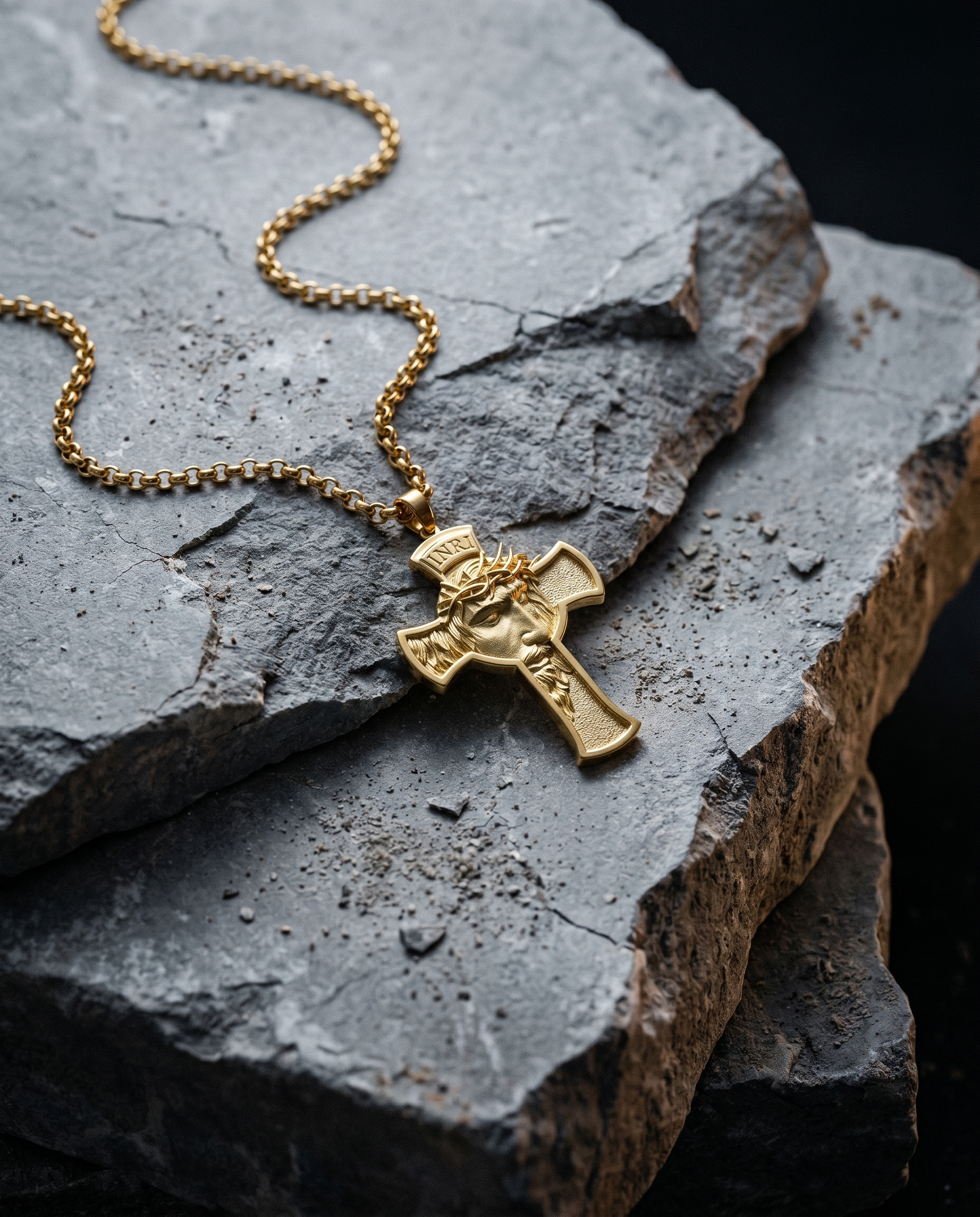 Ecce Homo — gold cross w/ thorn-crowned Christ face