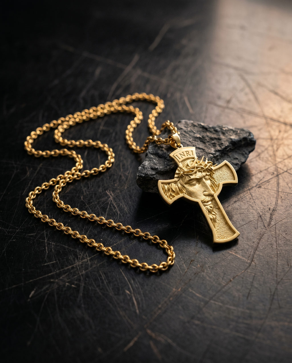 Ecce Homo — gold cross w/ thorn-crowned Christ face