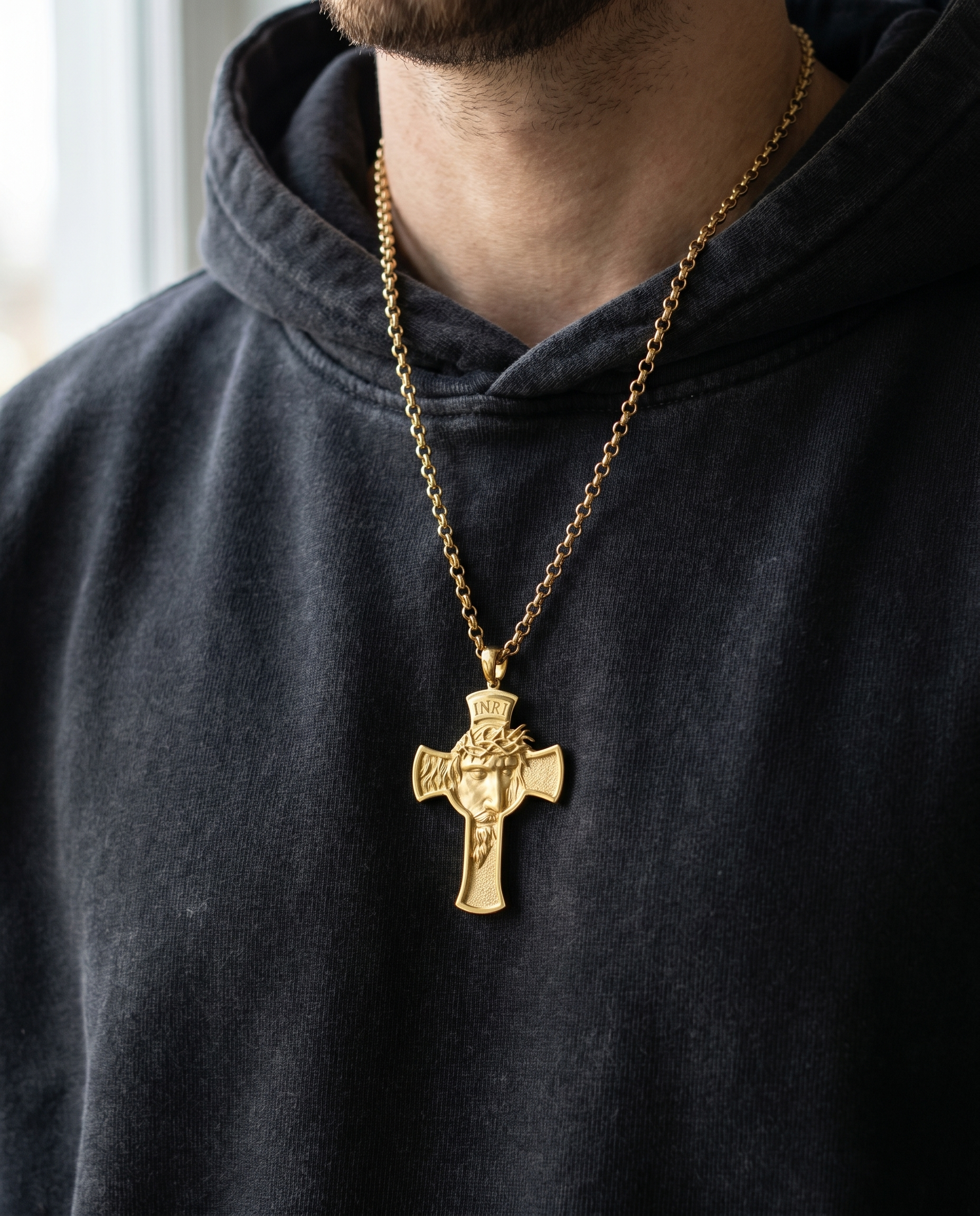 Ecce Homo — gold cross w/ thorn-crowned Christ face