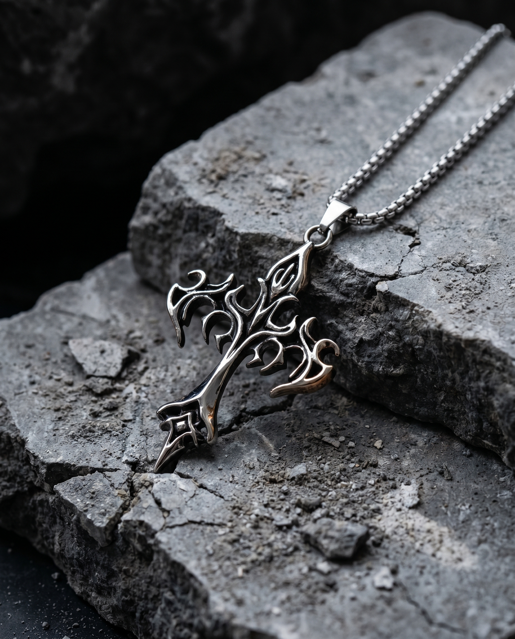 Tracery — silver ornate filigree gothic cross (no wings)