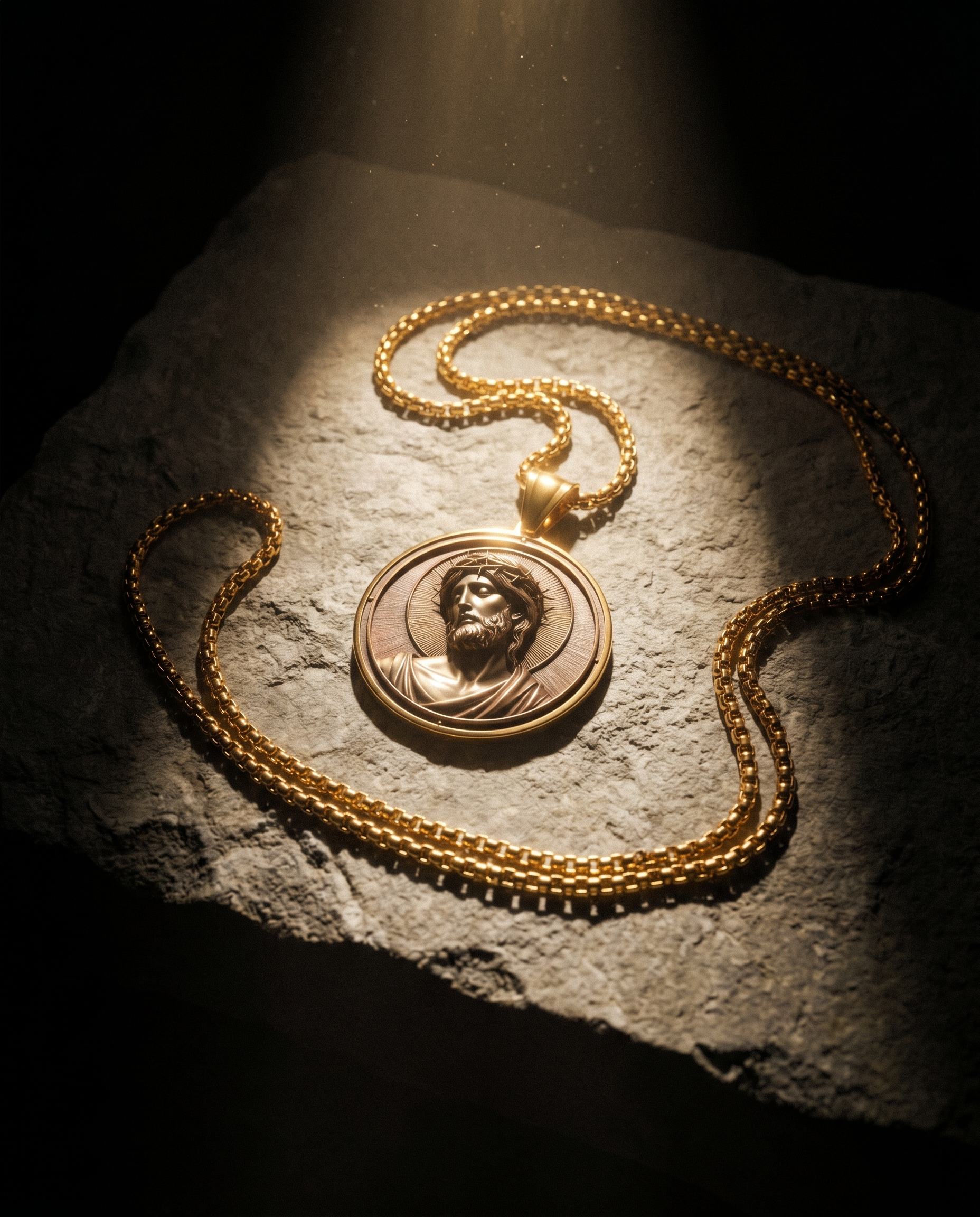 Halo — gold medallion, radiant Christ bust