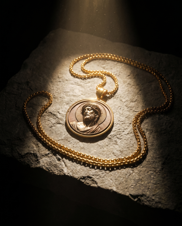 Halo — gold medallion, radiant Christ bust