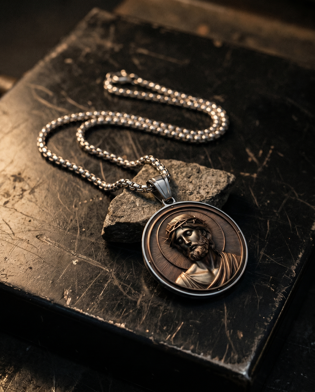Halo — gold medallion, radiant Christ bust