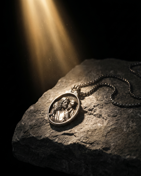 Shepherd — silver oval relief, Christ figure blessing