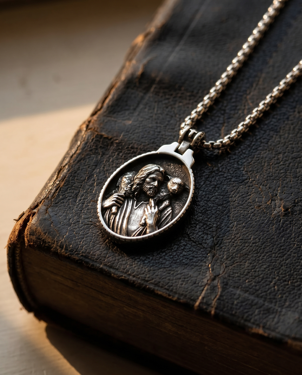Shepherd — silver oval relief, Christ figure blessing