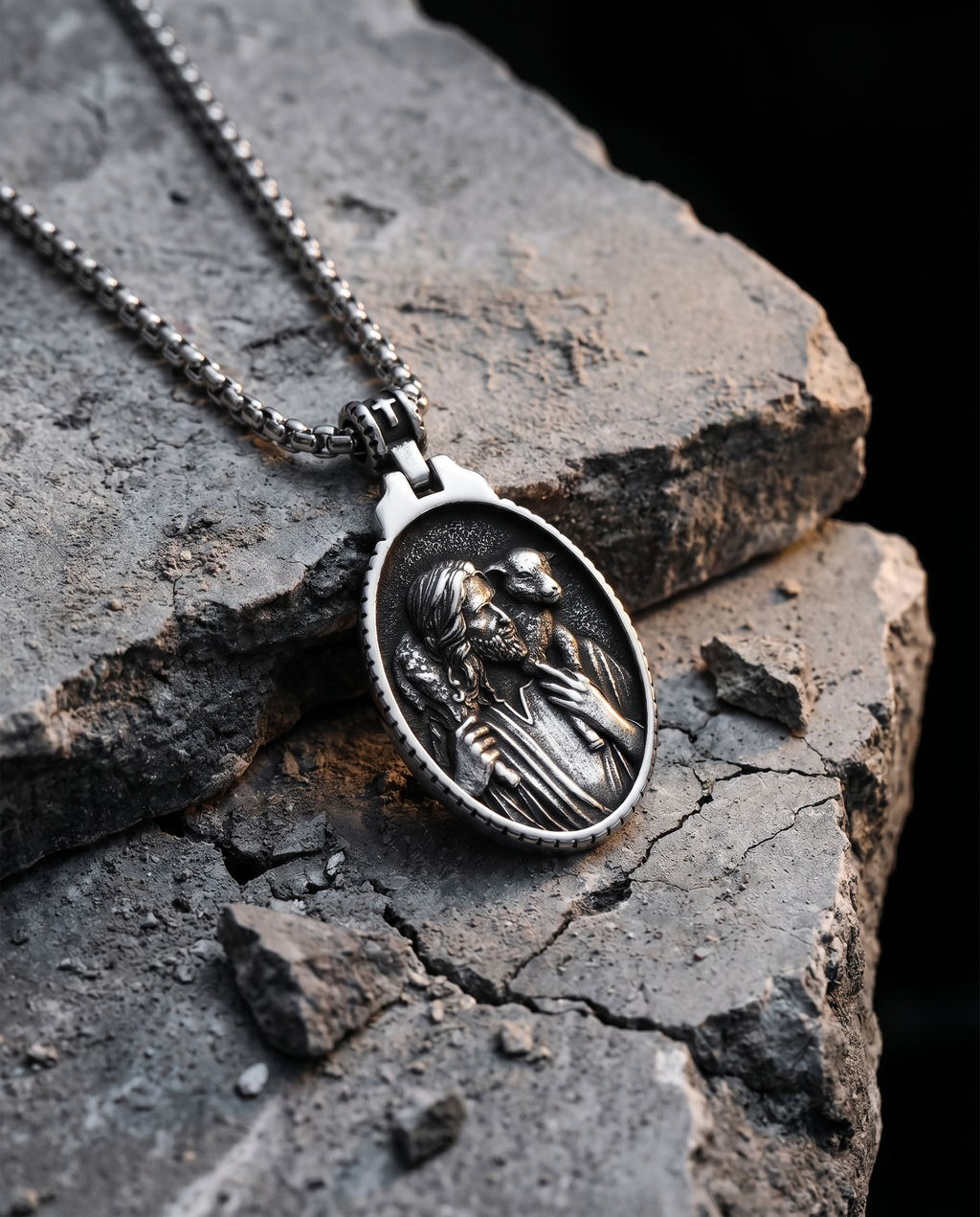 Shepherd — silver oval relief, Christ figure blessing