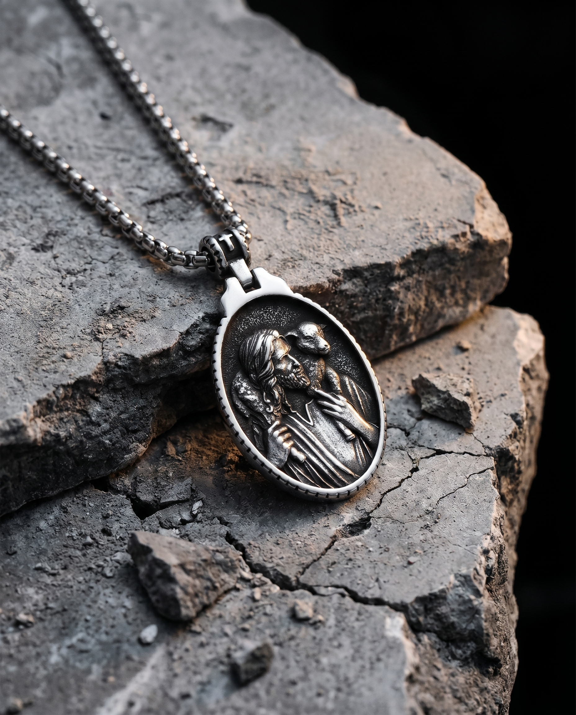 Shepherd — silver oval relief, Christ figure blessing