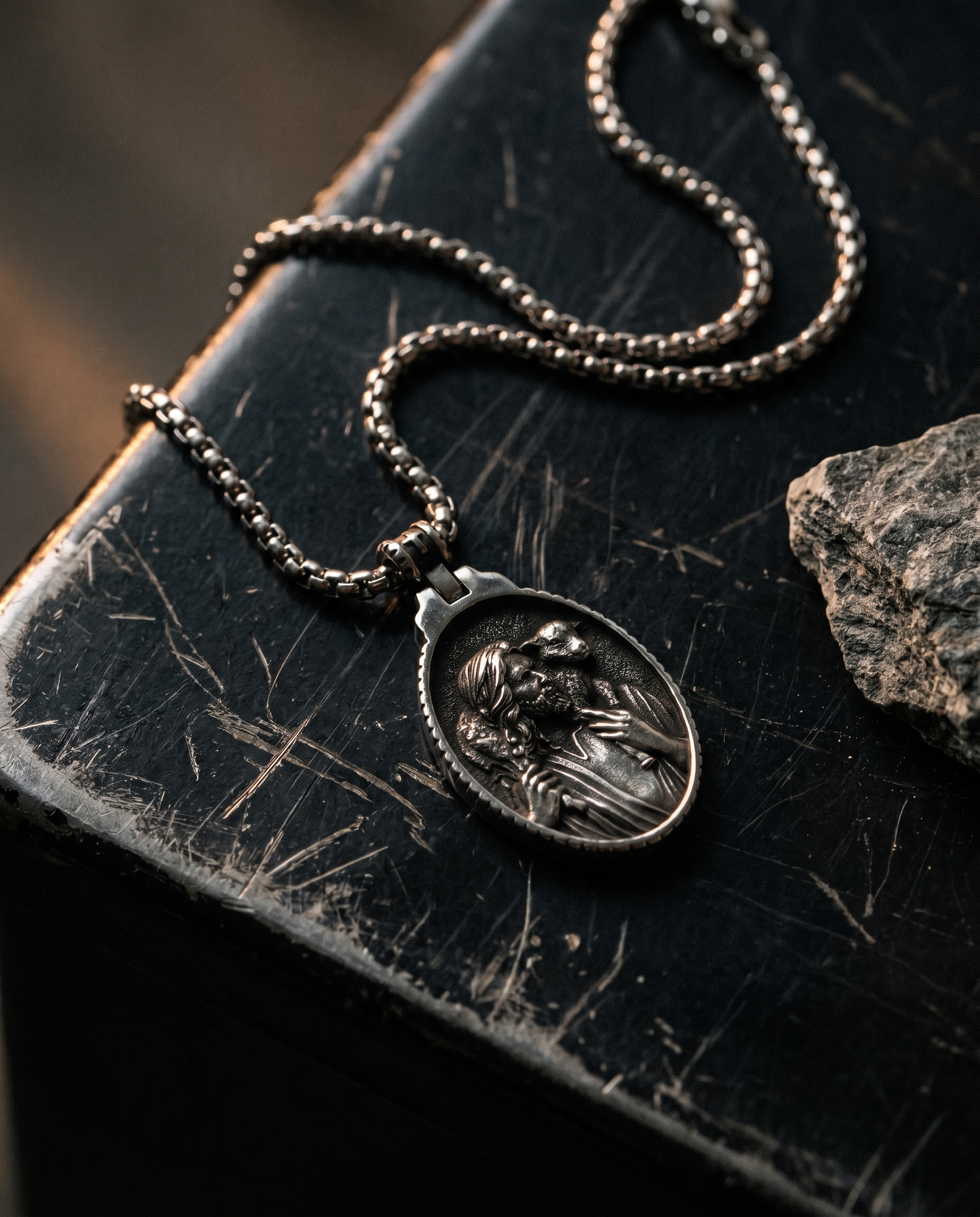 Shepherd — silver oval relief, Christ figure blessing