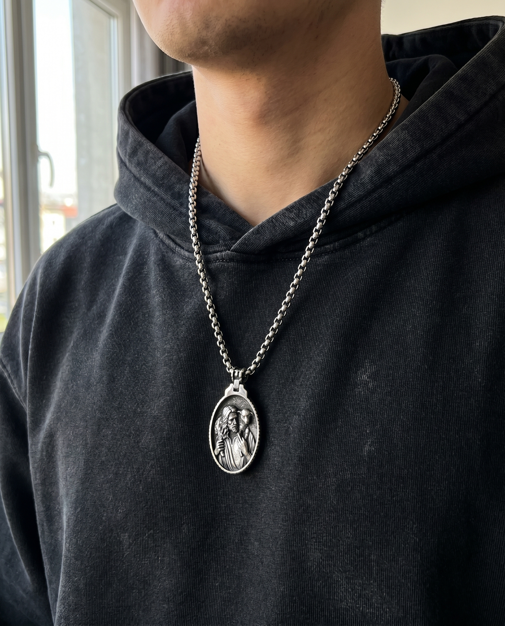 Shepherd — silver oval relief, Christ figure blessing