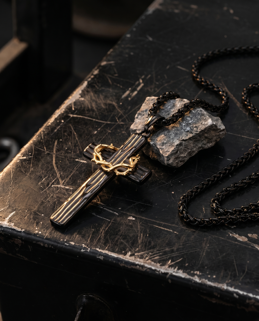 Thorncrown — black cross wrapped in gold crown of thorns