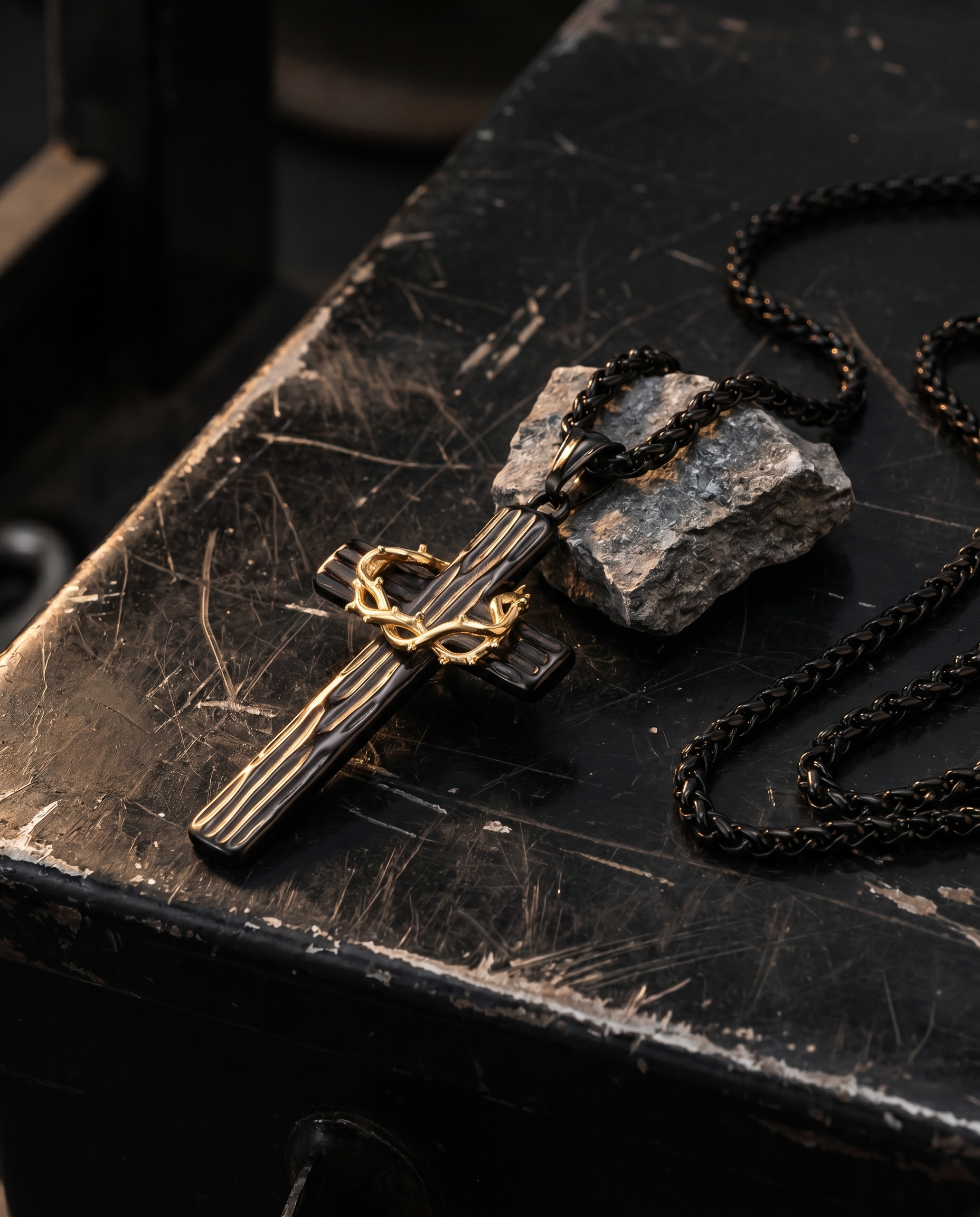 Thorncrown — black cross wrapped in gold crown of thorns