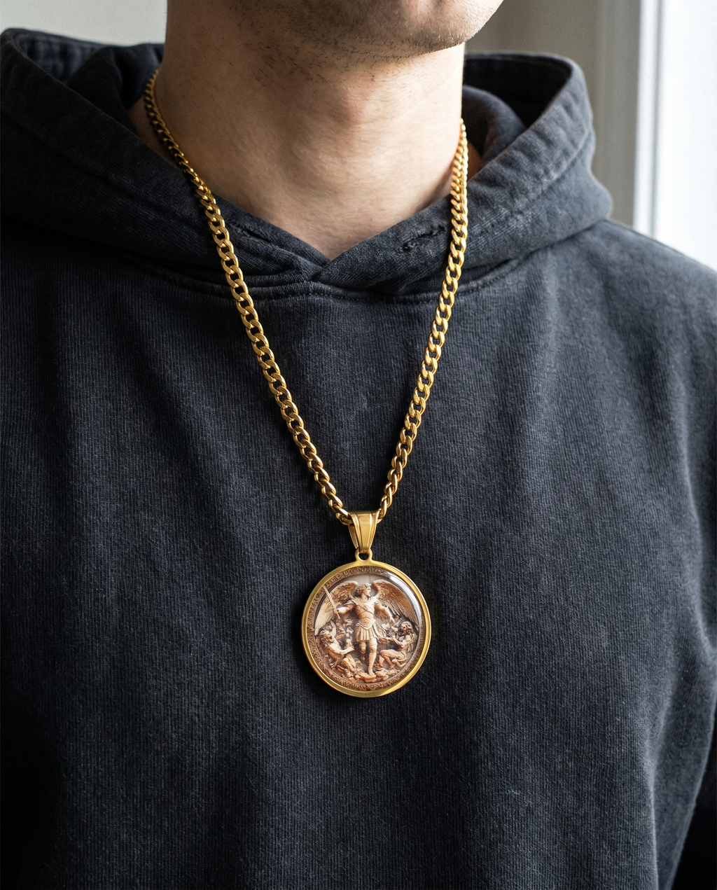 Michael — gold medallion, St Michael slaying dragon