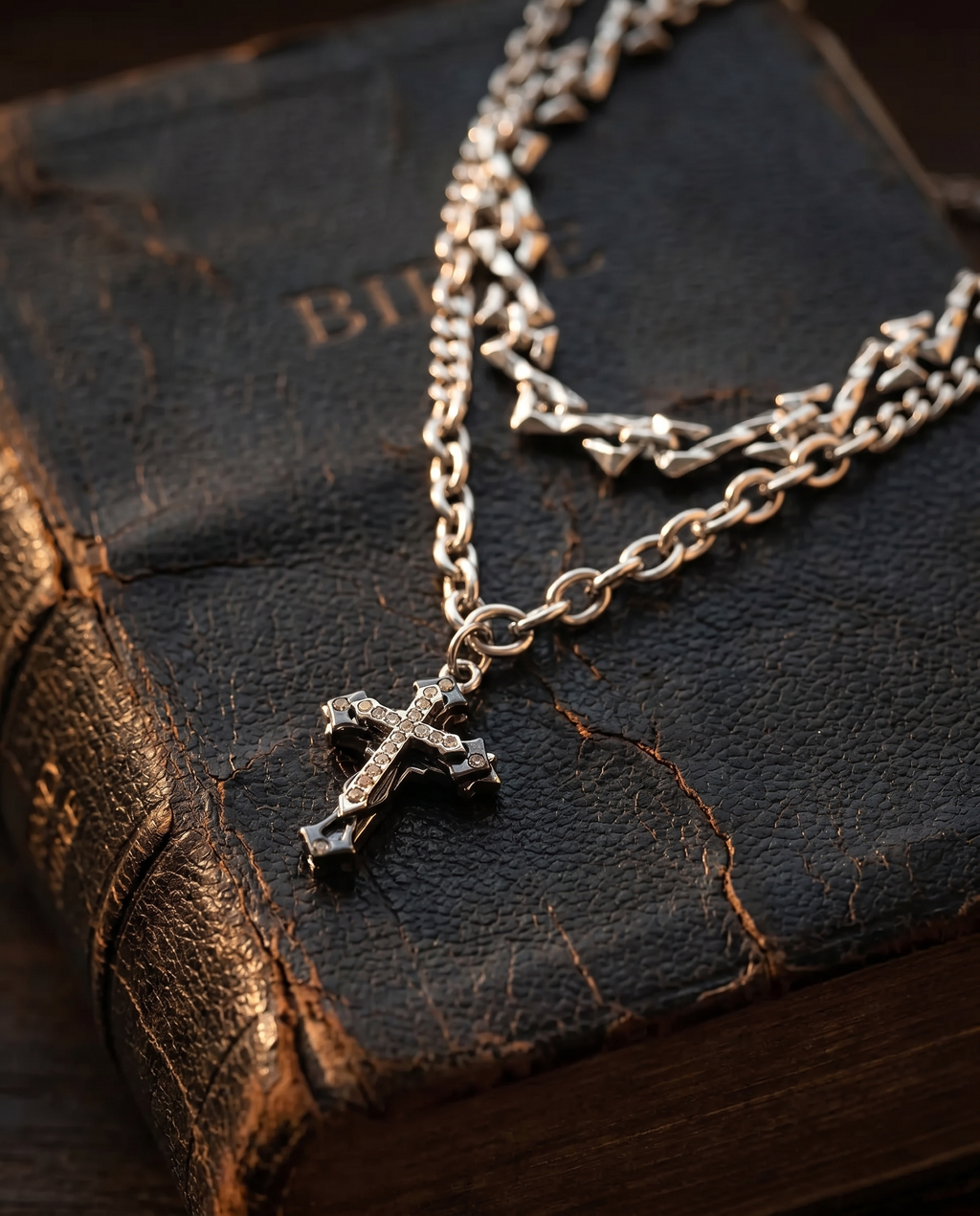 Creed — silver small ornate cross, double chain