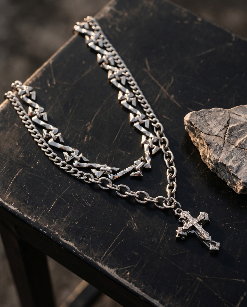 Creed — silver small ornate cross, double chain
