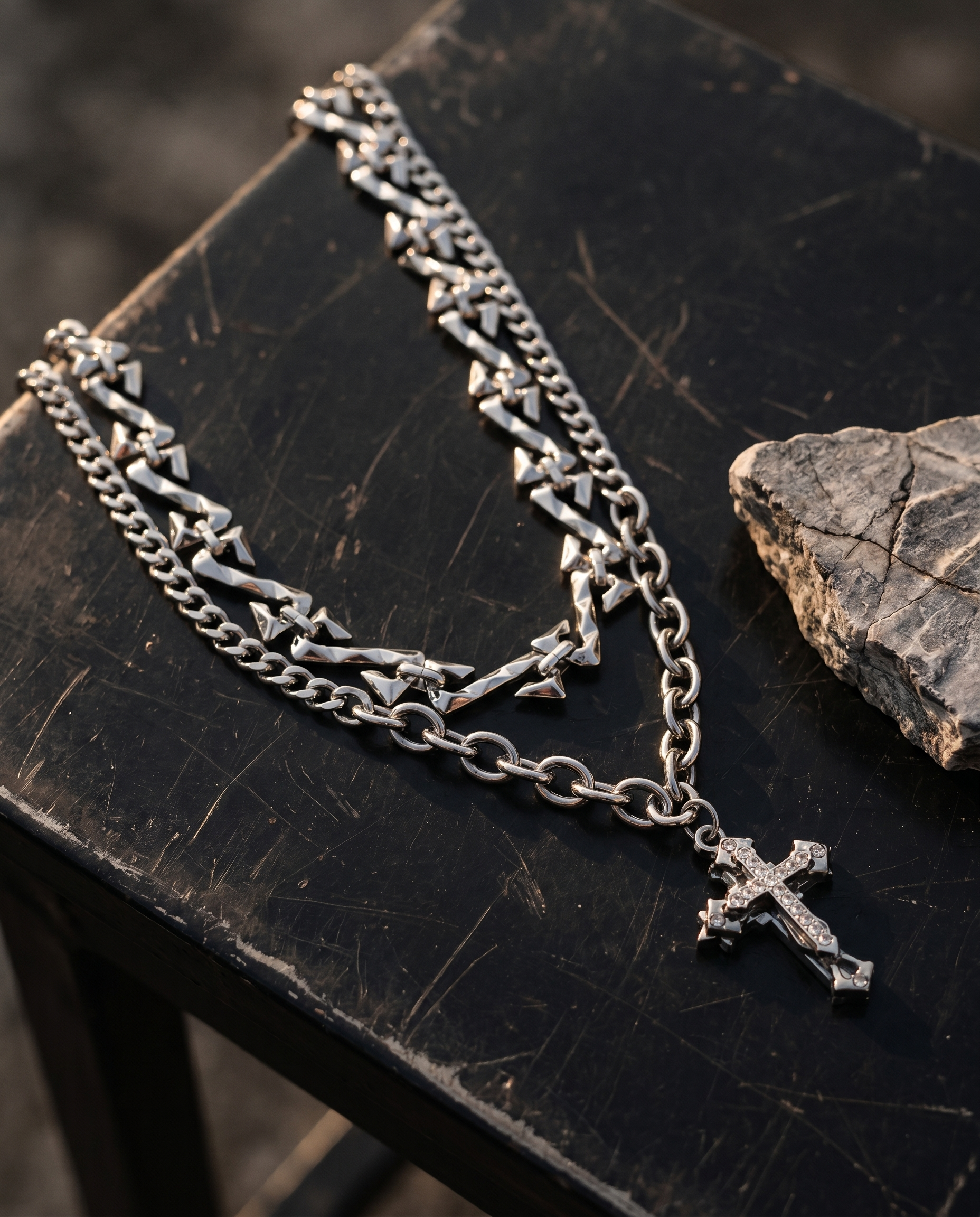Creed — silver small ornate cross, double chain