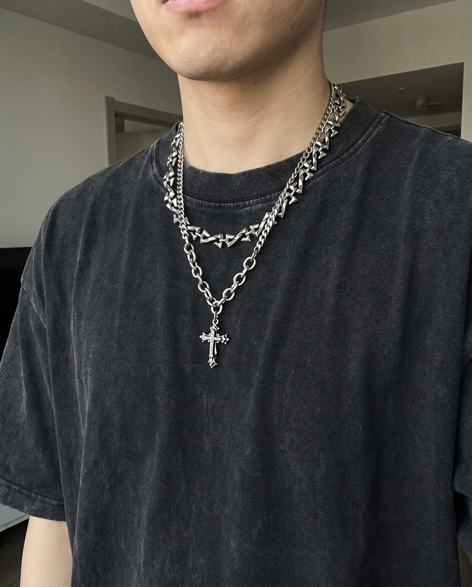Creed — silver small ornate cross, double chain