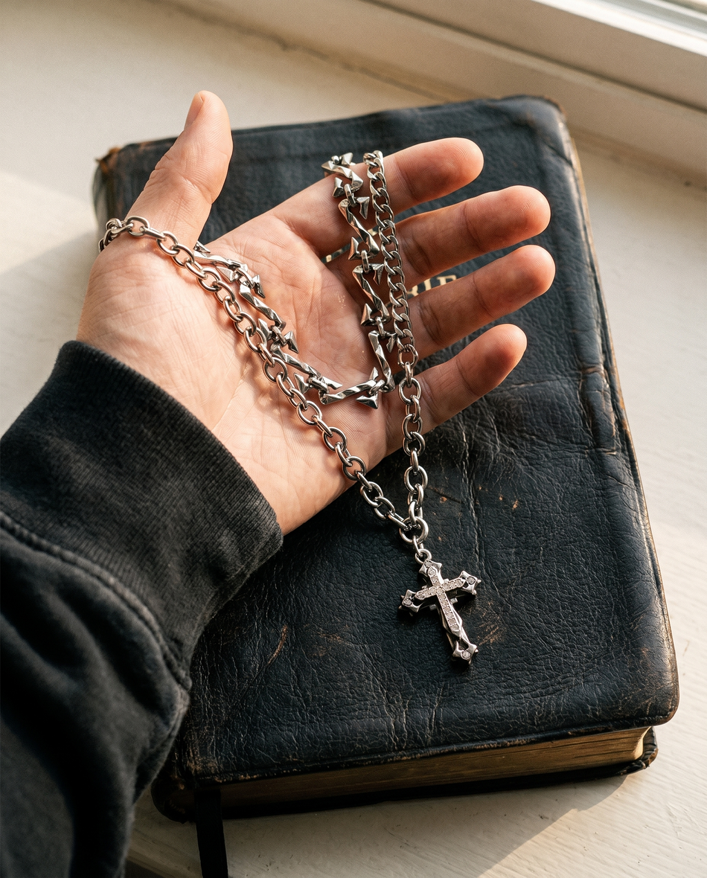 Creed — silver small ornate cross, double chain