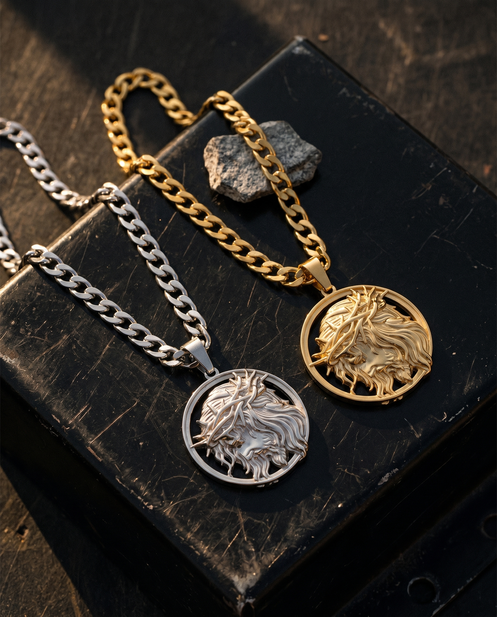 Steadfast — gold medallion, crowned Christ profile