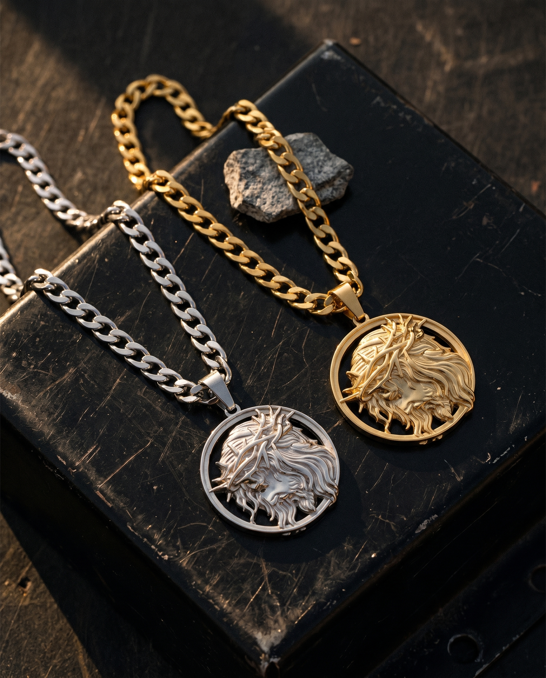 Steadfast — gold medallion, crowned Christ profile