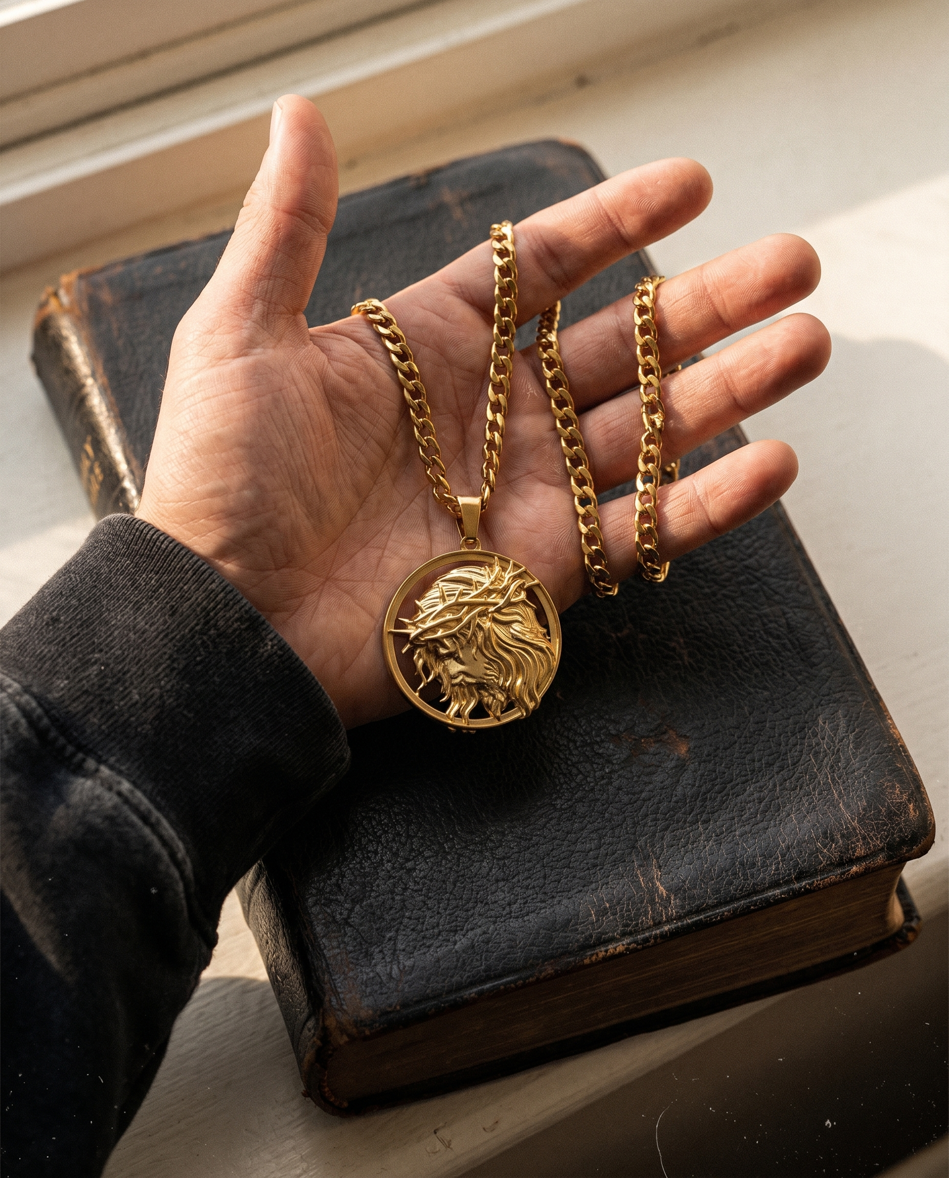 Steadfast — gold medallion, crowned Christ profile