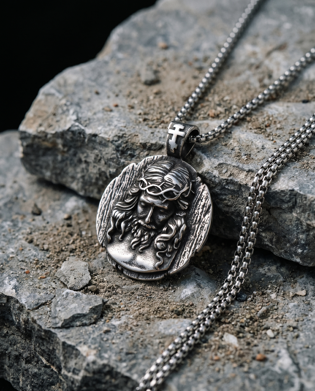 Vestige — silver aged Christ face, crown of thorns