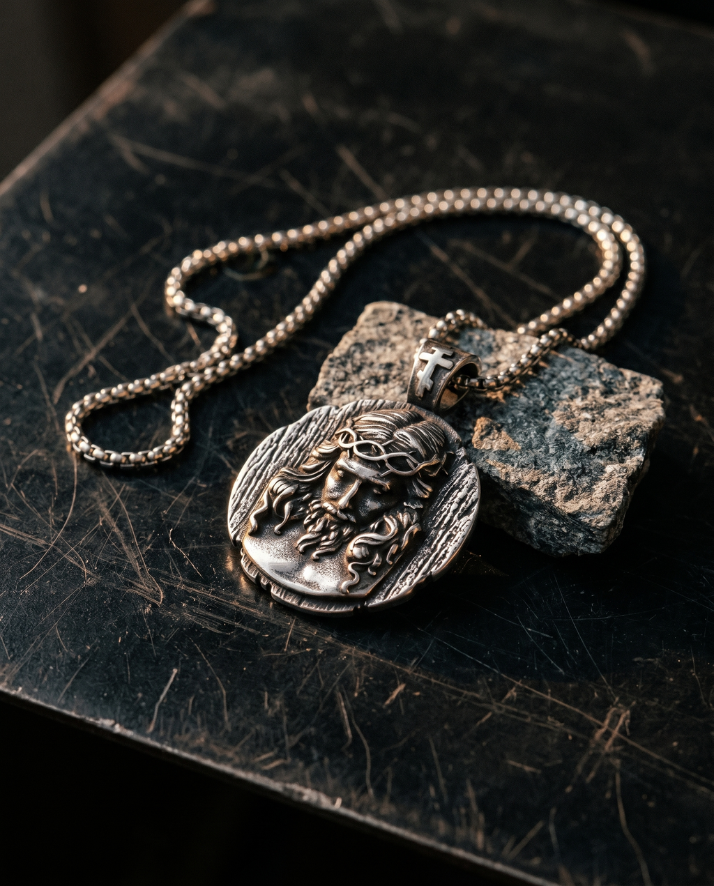 Vestige — silver aged Christ face, crown of thorns