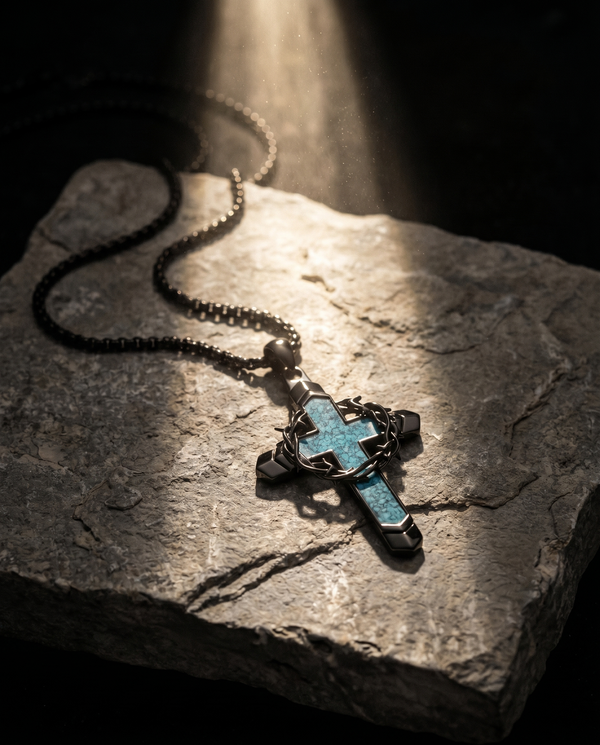 Wellspring — black thorn-cross split by blue stone