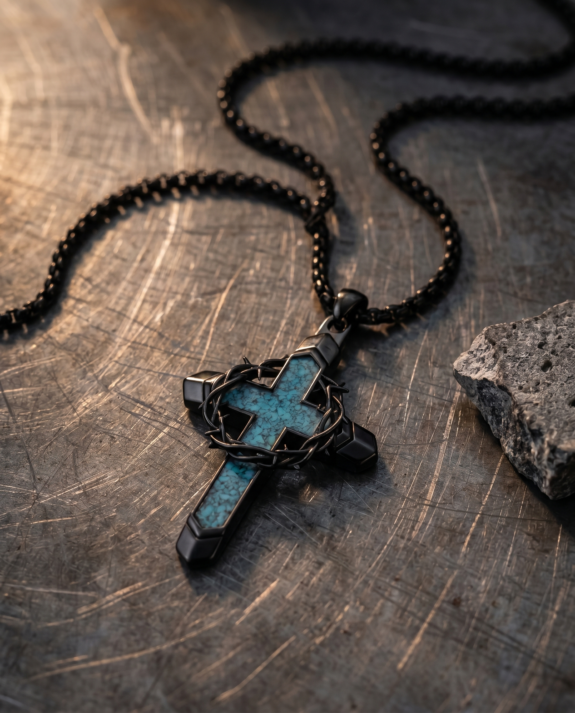 Wellspring — black thorn-cross split by blue stone