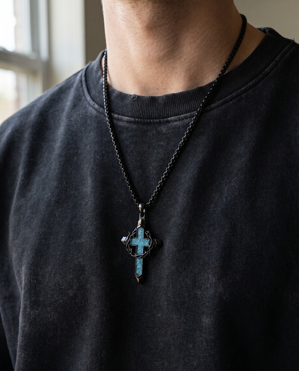 Wellspring — black thorn-cross split by blue stone