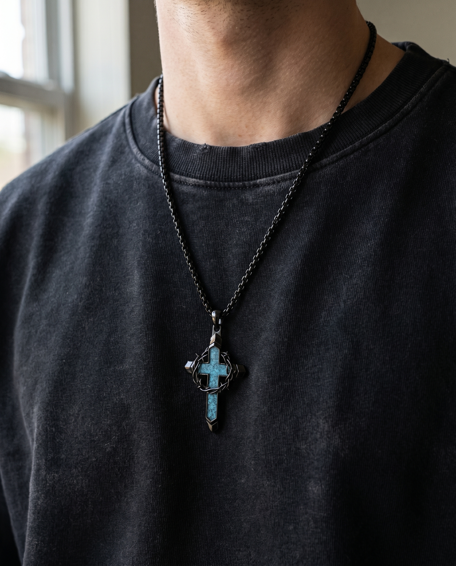 Wellspring — black thorn-cross split by blue stone
