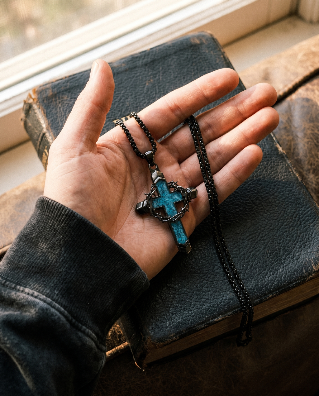 Wellspring — black thorn-cross split by blue stone
