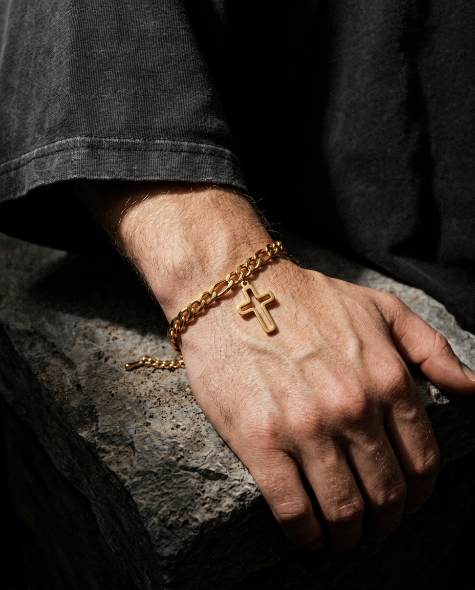 ANCHOR — cross-charm bracelet worn on the wrist