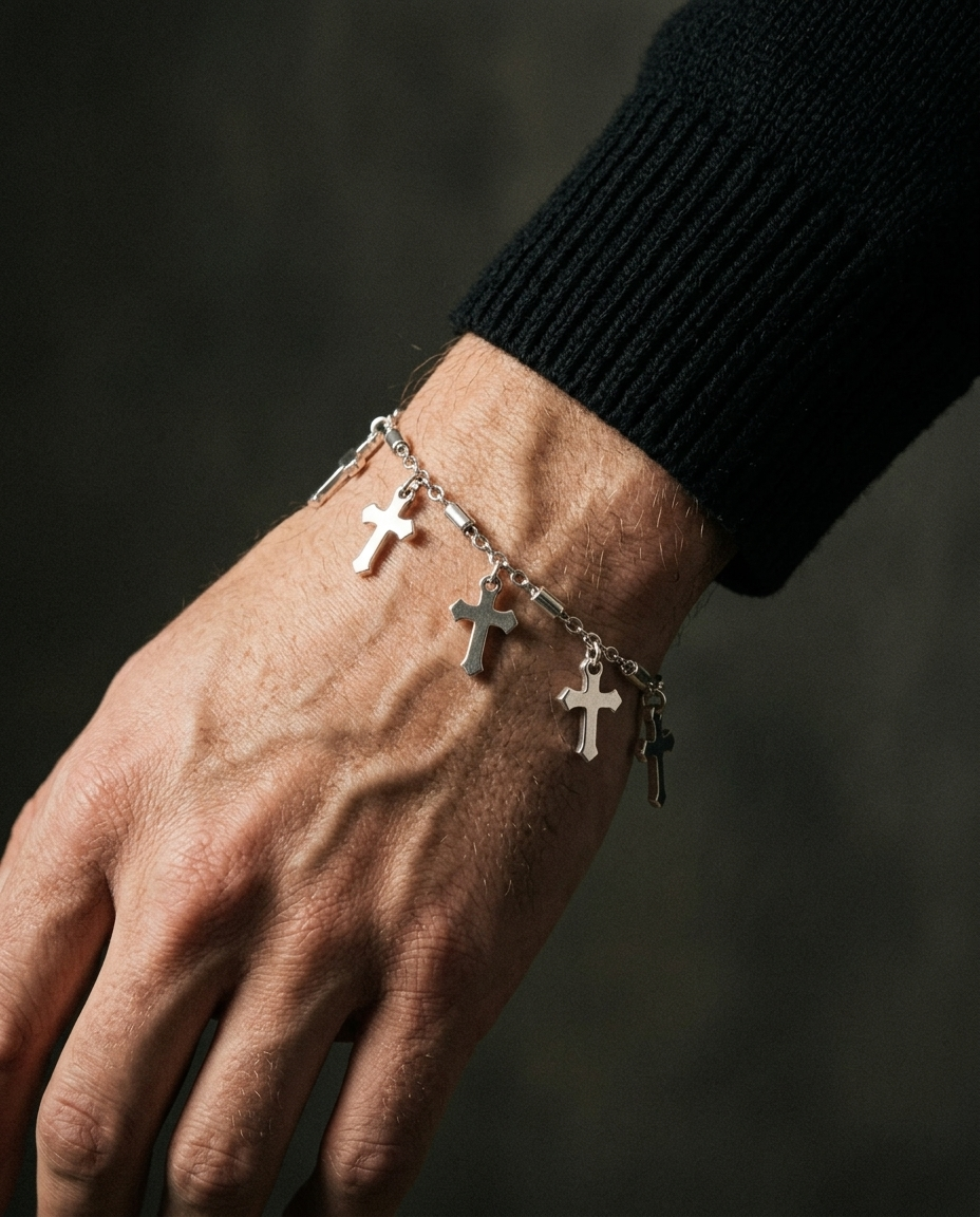 PROCESSION — five-cross-charm bracelet on wrist, in movement