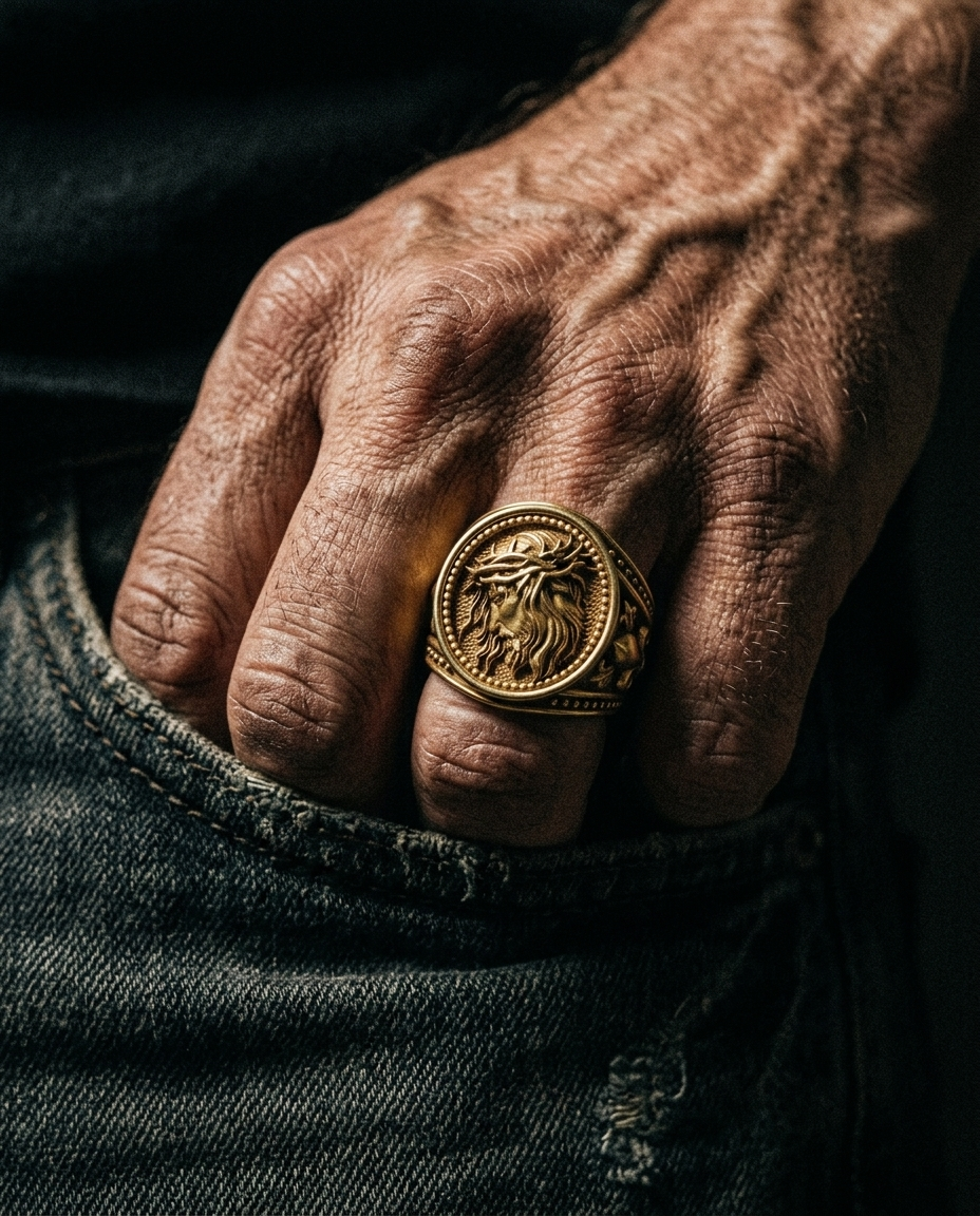 CONQUEROR — lion signet ring worn on the hand