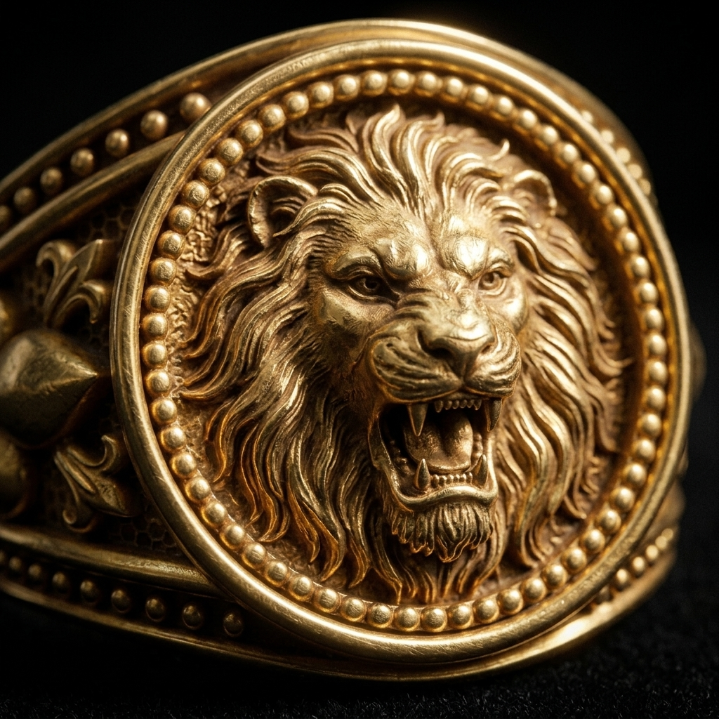 CONQUEROR — lion signet face macro detail