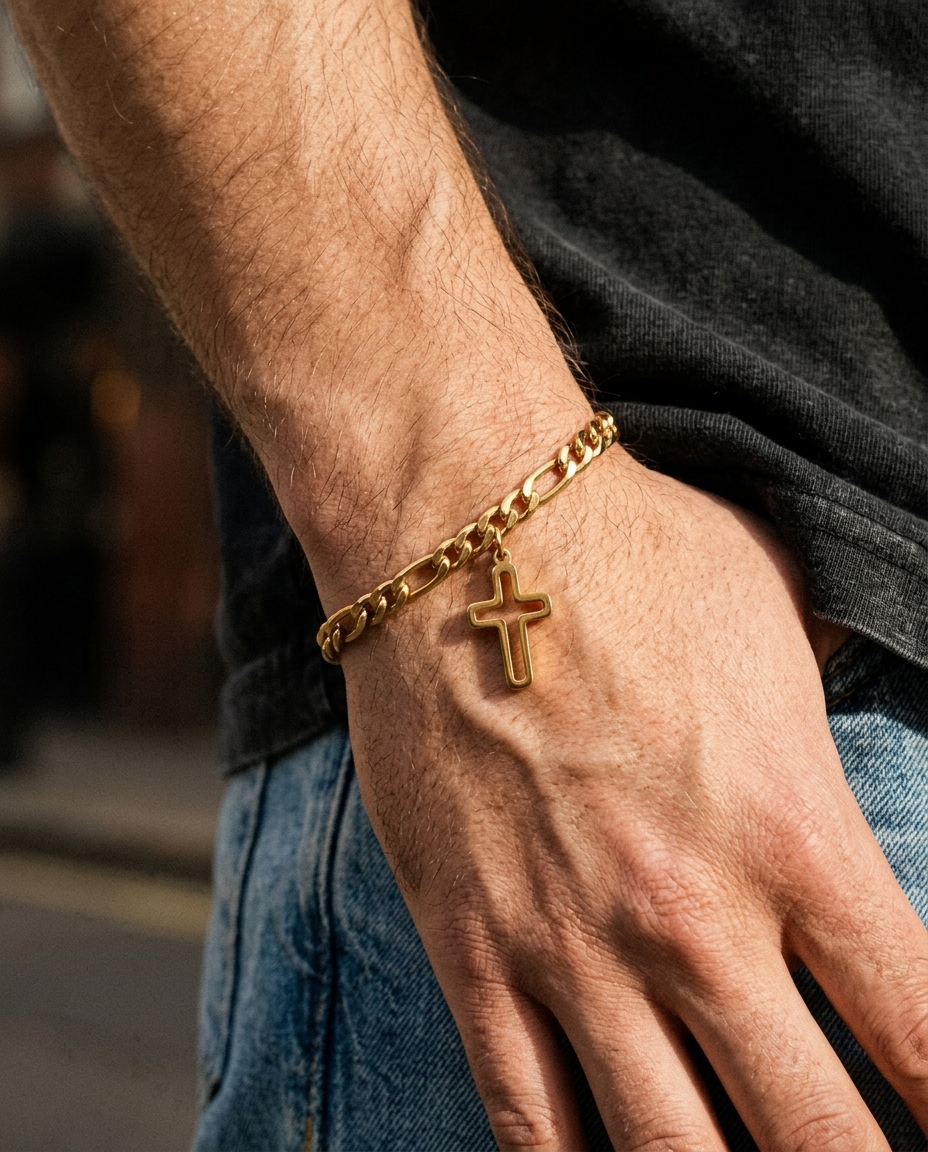 ANCHOR — cross-charm bracelet on wrist, in movement
