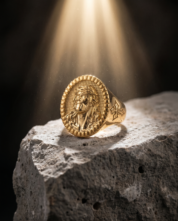 Heirloom — gold oval signet, Christ face + thorns