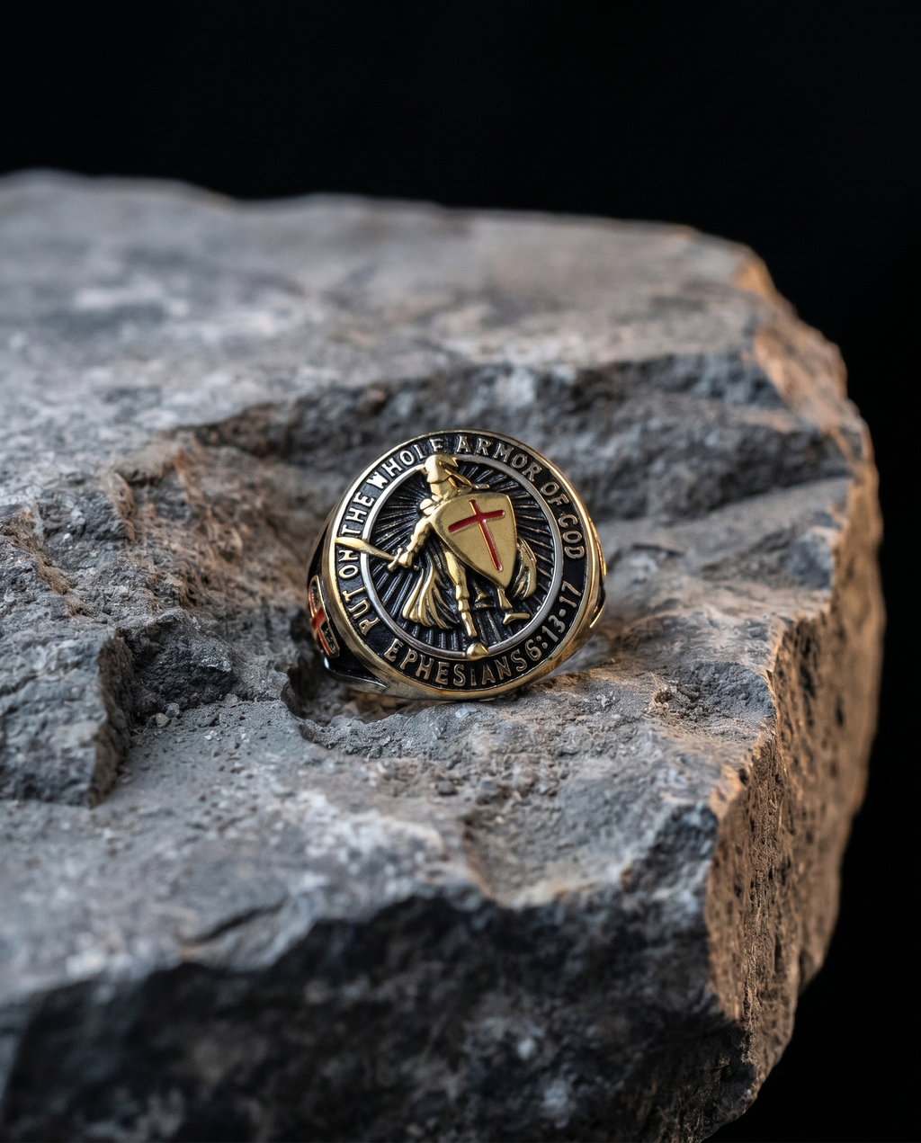 Crusader — gold signet, armoured knight + cross shield ('armour of God')