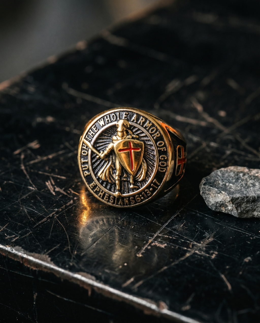Crusader — gold signet, armoured knight + cross shield ('armour of God')